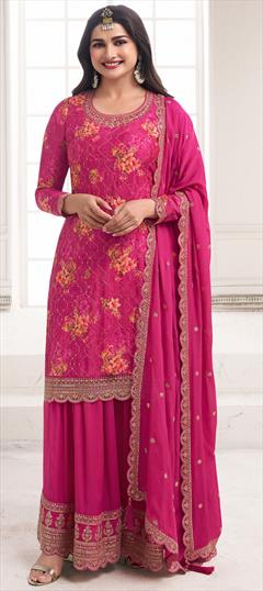 Bollywood Pink and Majenta color Salwar Kameez in Art Silk fabric with Palazzo, Straight Embroidered, Floral, Printed, Sequence, Thread work : 1938946
