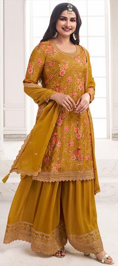 Bollywood Yellow color Salwar Kameez in Art Silk fabric with Palazzo, Straight Embroidered, Floral, Printed, Sequence, Thread work : 1938947