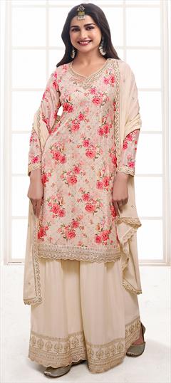 Bollywood Pink and Majenta color Salwar Kameez in Art Silk fabric with Palazzo, Straight Embroidered, Floral, Printed, Sequence, Thread work : 1938951