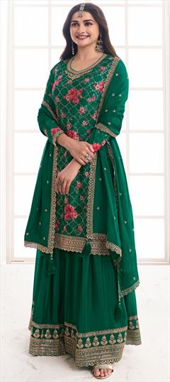 Bollywood Green color Salwar Kameez in Art Silk fabric with Palazzo, Straight Embroidered, Floral, Printed, Sequence, Thread work : 1938952
