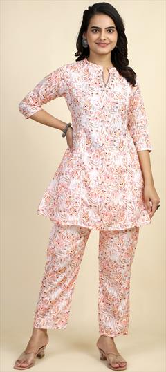Summer Pink and Majenta color Co-ords Set in Cotton fabric with Lace, Printed work : 1938959