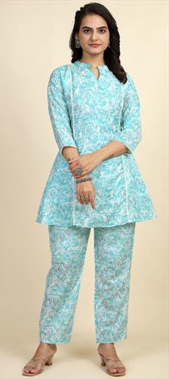 Summer Blue color Co-ords Set in Cotton fabric with Lace, Printed work : 1938960