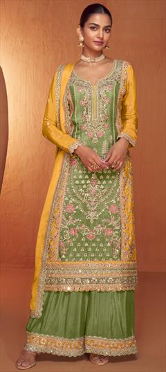 Mehendi Sangeet, Reception, Wedding Green, Yellow color Salwar Kameez in Silk fabric with Palazzo, Straight Embroidered, Sequence, Thread, Zari work : 1938991