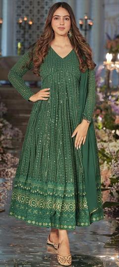 Festive, Party Wear, Reception Green color Gown in Faux Georgette fabric with Embroidered, Sequence, Zari work : 1938992