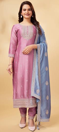 Festive, Reception Pink and Majenta color Salwar Kameez in Art Silk fabric with Pakistani, Straight Embroidered, Sequence, Thread work : 1939013