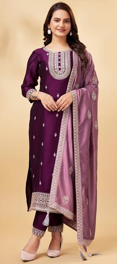 Festive, Reception Purple and Violet color Salwar Kameez in Art Silk fabric with Pakistani, Straight Embroidered, Sequence, Thread work : 1939016