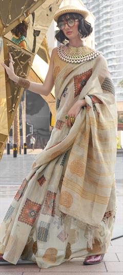 Party Wear, Traditional Beige and Brown color Saree in Handloom fabric with Bengali Printed work : 1939019