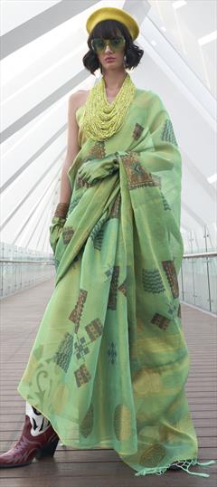 Party Wear, Traditional Green color Saree in Handloom fabric with Bengali Printed work : 1939021