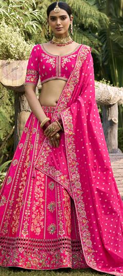 Bridal, Wedding Pink and Majenta color Lehenga in Banarasi Silk fabric with Flared Embroidered, Sequence, Thread, Weaving work : 1939028