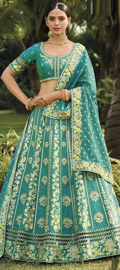Bridal, Wedding Green color Lehenga in Banarasi Silk fabric with Flared Cut Dana, Embroidered, Sequence, Thread, Weaving work : 1939031