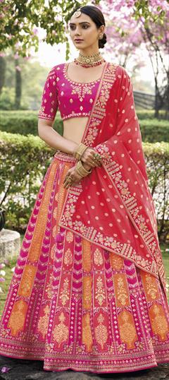 Bridal, Wedding Pink and Majenta color Lehenga in Banarasi Silk fabric with Flared Embroidered, Sequence, Thread, Weaving work : 1939034