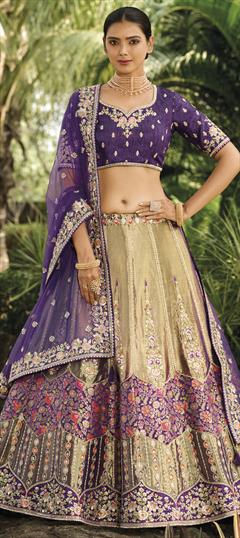 Bridal, Wedding Purple and Violet color Lehenga in Banarasi Silk fabric with Flared Embroidered, Sequence, Thread, Weaving work : 1939035