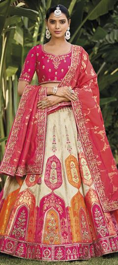 Bridal, Wedding Pink and Majenta, White and Off White color Lehenga in Banarasi Silk fabric with Flared Embroidered, Gota Patti, Patch, Sequence, Thread work : 1939036
