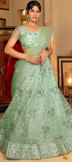 Mehendi Sangeet, Reception, Wedding Green color Lehenga in Net fabric with Flared Sequence work : 1939040
