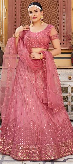 Mehendi Sangeet, Reception, Wedding Pink and Majenta color Lehenga in Net fabric with Flared Embroidered, Sequence work : 1939045
