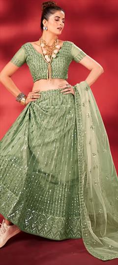 Mehendi Sangeet, Reception, Wedding Green color Lehenga in Net fabric with Flared Embroidered, Sequence work : 1939048