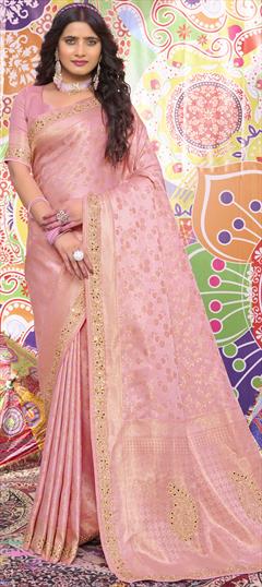 Bridal, Traditional, Wedding Pink and Majenta color Saree in Brocade fabric with Classic Mirror, Printed, Weaving, Zircon work : 1939083