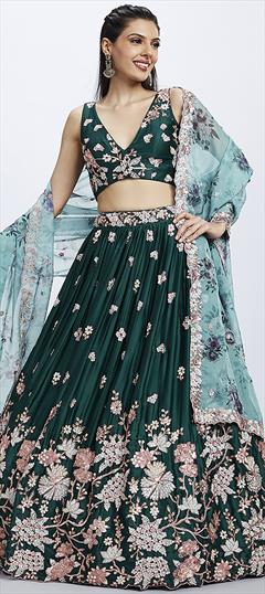 Bridal, Engagement, Wedding Green color Lehenga in Georgette fabric with Flared Embroidered, Sequence, Thread work : 1939108