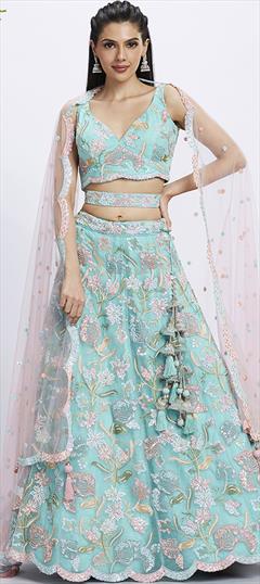 Bridal, Engagement, Wedding Blue color Lehenga in Net fabric with Flared Embroidered, Sequence, Thread work : 1939113