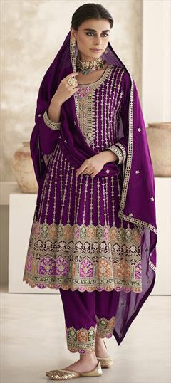 Festive, Reception, Wedding Purple and Violet color Salwar Kameez in Silk fabric with Anarkali Embroidered, Sequence, Thread, Zari work : 1939145