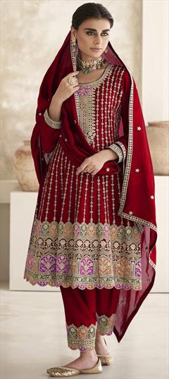 Festive, Reception, Wedding Red and Maroon color Salwar Kameez in Silk fabric with Anarkali Embroidered, Sequence, Thread, Zari work : 1939148