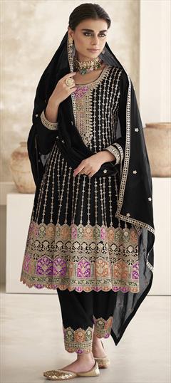 Festive, Reception, Wedding Black and Grey color Salwar Kameez in Silk fabric with Anarkali Embroidered, Sequence, Thread, Zari work : 1939149