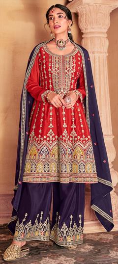Bridal, Engagement, Wedding Red and Maroon color Salwar Kameez in Silk fabric with Anarkali, Palazzo Embroidered, Thread work : 1939189