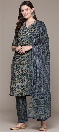 Festive, Summer Blue color Salwar Kameez in Cotton fabric with Straight Cut Dana, Embroidered, Printed, Thread, Zari work : 1939191