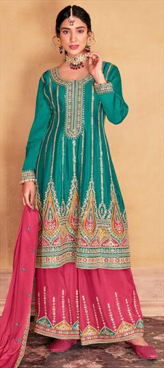 Bridal, Engagement, Wedding Blue color Salwar Kameez in Silk fabric with Anarkali, Palazzo Embroidered, Thread work : 1939192