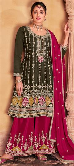 Bridal, Engagement, Wedding Black and Grey color Salwar Kameez in Silk fabric with Anarkali, Palazzo Embroidered, Thread work : 1939194