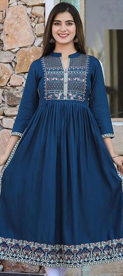 Summer Blue color Kurti in Rayon fabric with A Line, Long Sleeve Foil Print work : 1939208