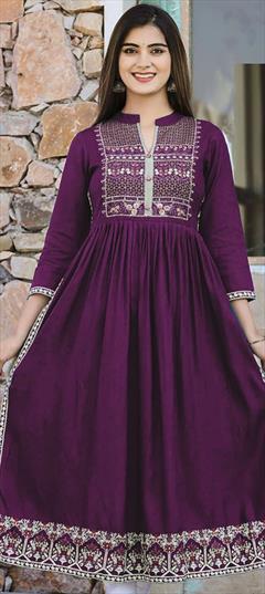 Summer Purple and Violet color Kurti in Rayon fabric with A Line, Long Sleeve Foil Print work : 1939209