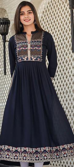 Summer Blue color Kurti in Rayon fabric with A Line, Long Sleeve Foil Print work : 1939210