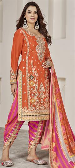 Mehendi Sangeet, Reception, Wedding Beige and Brown color Salwar Kameez in Silk fabric with Dhoti, Straight Embroidered, Mirror, Sequence work : 1939223