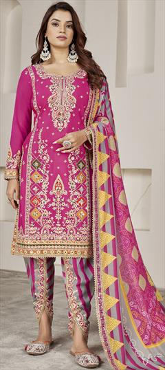 Mehendi Sangeet, Reception, Wedding Pink and Majenta color Salwar Kameez in Silk fabric with Dhoti, Straight Embroidered, Mirror, Sequence work : 1939225