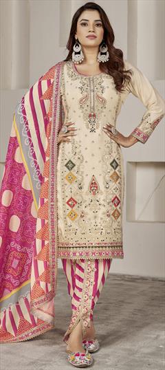 Mehendi Sangeet, Reception, Wedding Beige and Brown color Salwar Kameez in Silk fabric with Dhoti, Straight Embroidered, Mirror, Sequence work : 1939226