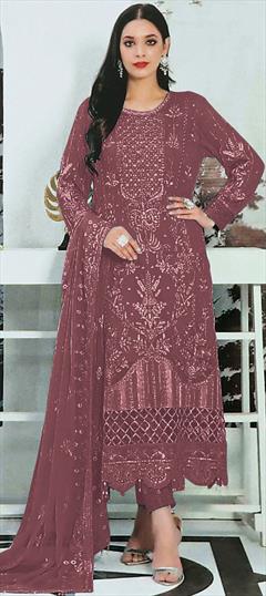 Festive, Reception Red and Maroon color Salwar Kameez in Faux Georgette fabric with Pakistani, Straight Embroidered, Sequence, Thread work : 1939229