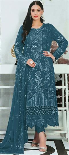Festive, Reception Blue color Salwar Kameez in Faux Georgette fabric with Pakistani, Straight Embroidered, Sequence, Thread work : 1939230