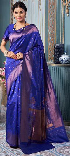 Party Wear, Traditional Blue color Saree in Art Silk fabric with South Weaving work : 1939237