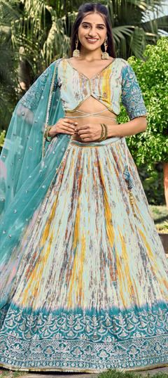 Engagement, Mehendi Sangeet, Wedding Multicolor color Lehenga in Silk fabric with Flared Digital Print, Embroidered, Sequence, Zari work : 1939262