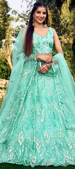 Engagement, Reception, Wedding Blue color Lehenga in Net fabric with Flared Embroidered, Sequence, Thread work : 1939264