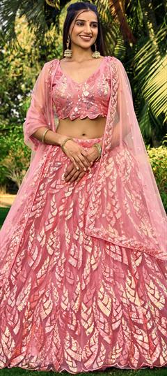 Engagement, Reception, Wedding Pink and Majenta color Lehenga in Net fabric with Flared Embroidered, Sequence, Thread work : 1939265