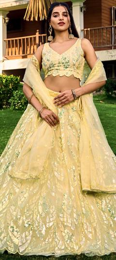 Engagement, Reception, Wedding Yellow color Lehenga in Net fabric with Flared Embroidered, Sequence, Thread work : 1939267