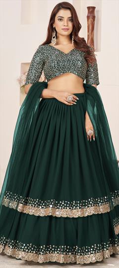 Engagement, Festive, Reception Green color Lehenga in Georgette fabric with Flared Embroidered, Sequence, Zari work : 1939270