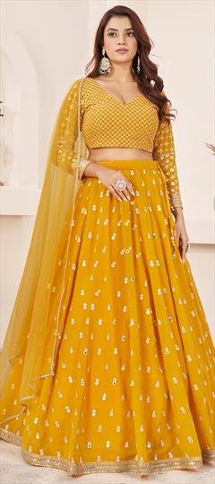 Engagement, Festive, Reception Yellow color Lehenga in Georgette fabric with Flared Embroidered, Sequence, Zari work : 1939272