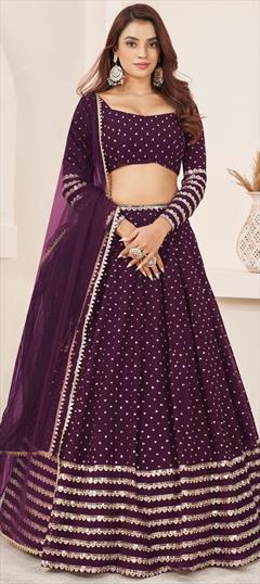 Engagement, Festive, Reception Purple and Violet color Lehenga in Georgette fabric with Flared Embroidered, Sequence, Zari work : 1939273