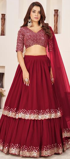 Engagement, Festive, Reception Red and Maroon color Lehenga in Georgette fabric with Flared Embroidered, Sequence, Zari work : 1939274
