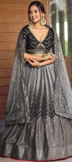 Bridal, Wedding Black and Grey color Lehenga in Silk fabric with Flared Embroidered, Sequence, Thread work : 1939281
