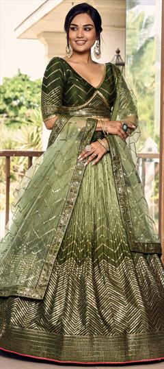 Bridal, Wedding Green color Lehenga in Silk fabric with Flared Embroidered, Sequence, Thread work : 1939285