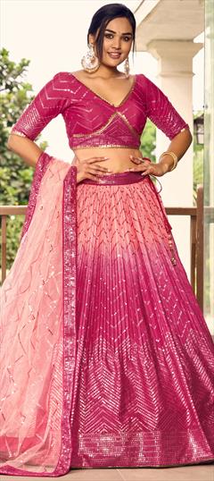 Bridal, Wedding Pink and Majenta color Lehenga in Silk fabric with Flared Embroidered, Sequence, Thread work : 1939287